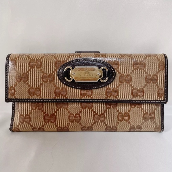 Authentic Gucci Crystal GG Long Wallet Gold Plated Brown Beige with Box - Picture 3 of 3
